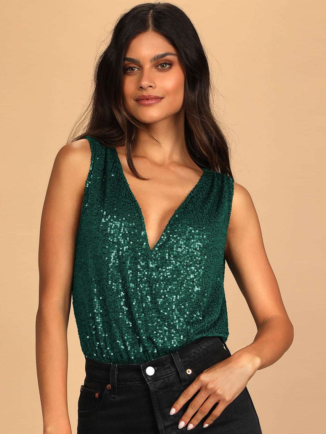 Women's Glitter Sequin Sleeveless Low Cut V-Neck Bodysuit - ChoreGirl