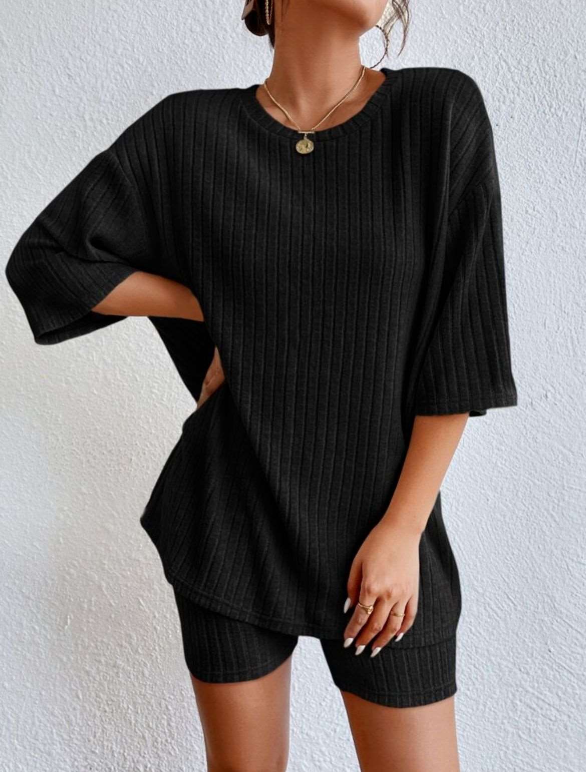 Women's Casual Short Sleeved Solid Color Two-Piece Outfit Set - ChoreGirl