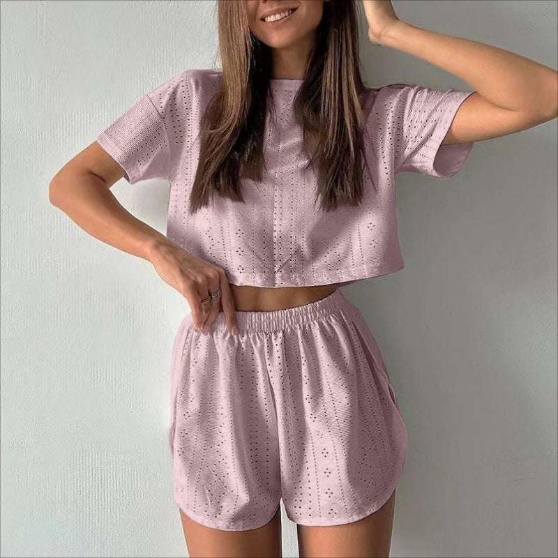 Women's Hollow-out Cropped T-Shirt and Shorts Two-piece Pajamas Set - ChoreGirl