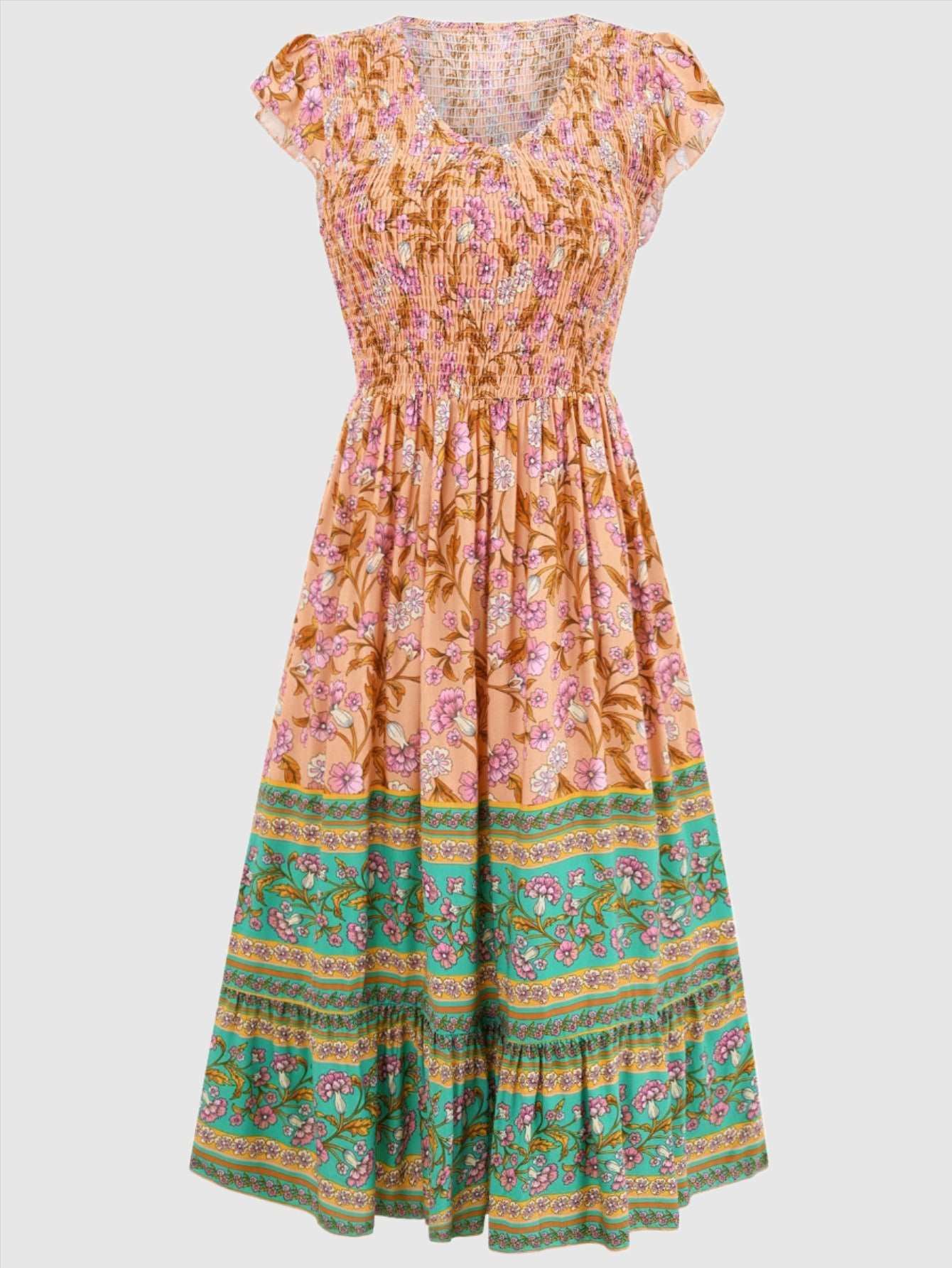 Women's Casual Bohemian Flower Print V-neck Ruffle Sleeveless Dress - ChoreGirl