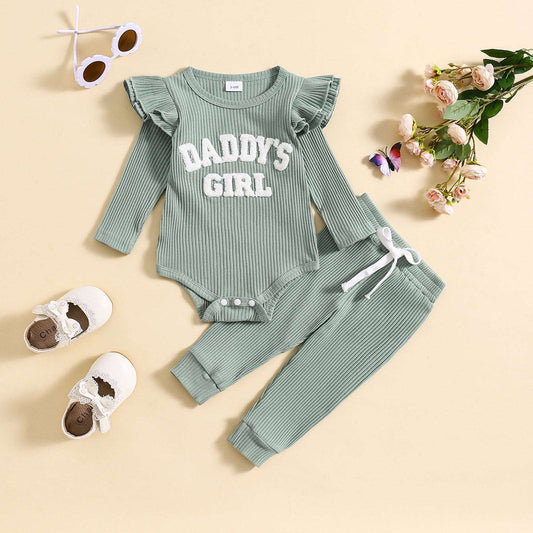Baby Girl Cute Candy Color Striped and Letter Embroidered Outfit Set - ChoreGirl
