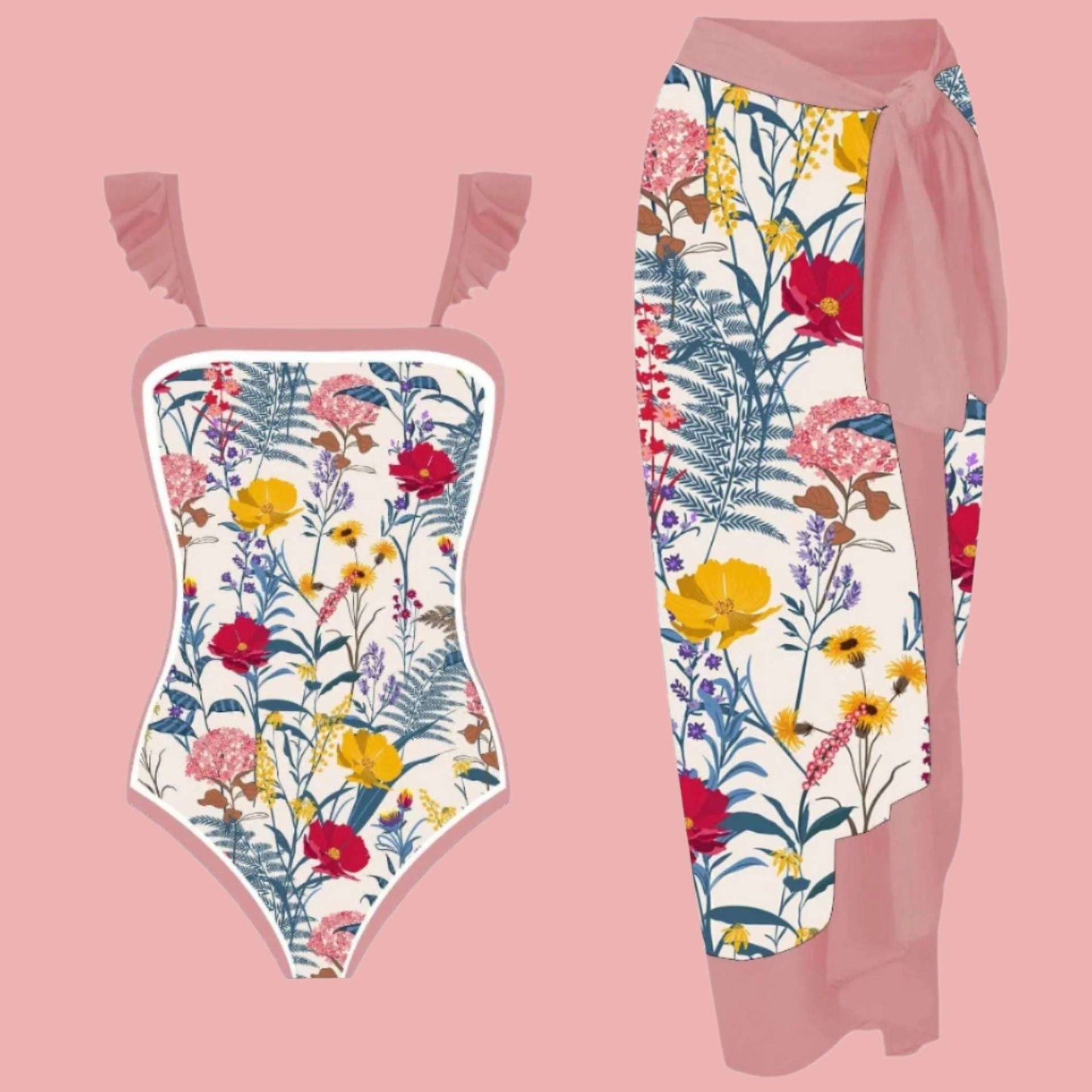 Women's One-piece Swimming Suit and Cover-up Scarf Two-piece Swimwear Set - ChoreGirl