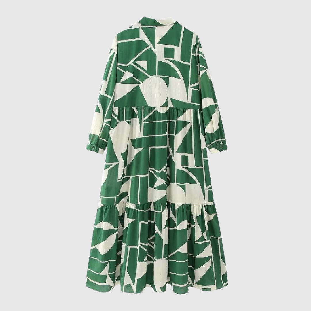 Women's Long Sleeved Green Printed Shirt Dress - ChoreGirl