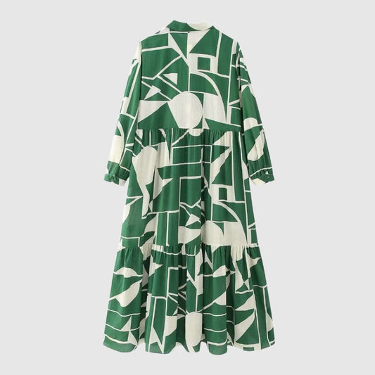 Women's Long Sleeved Green Printed Shirt Dress - ChoreGirl