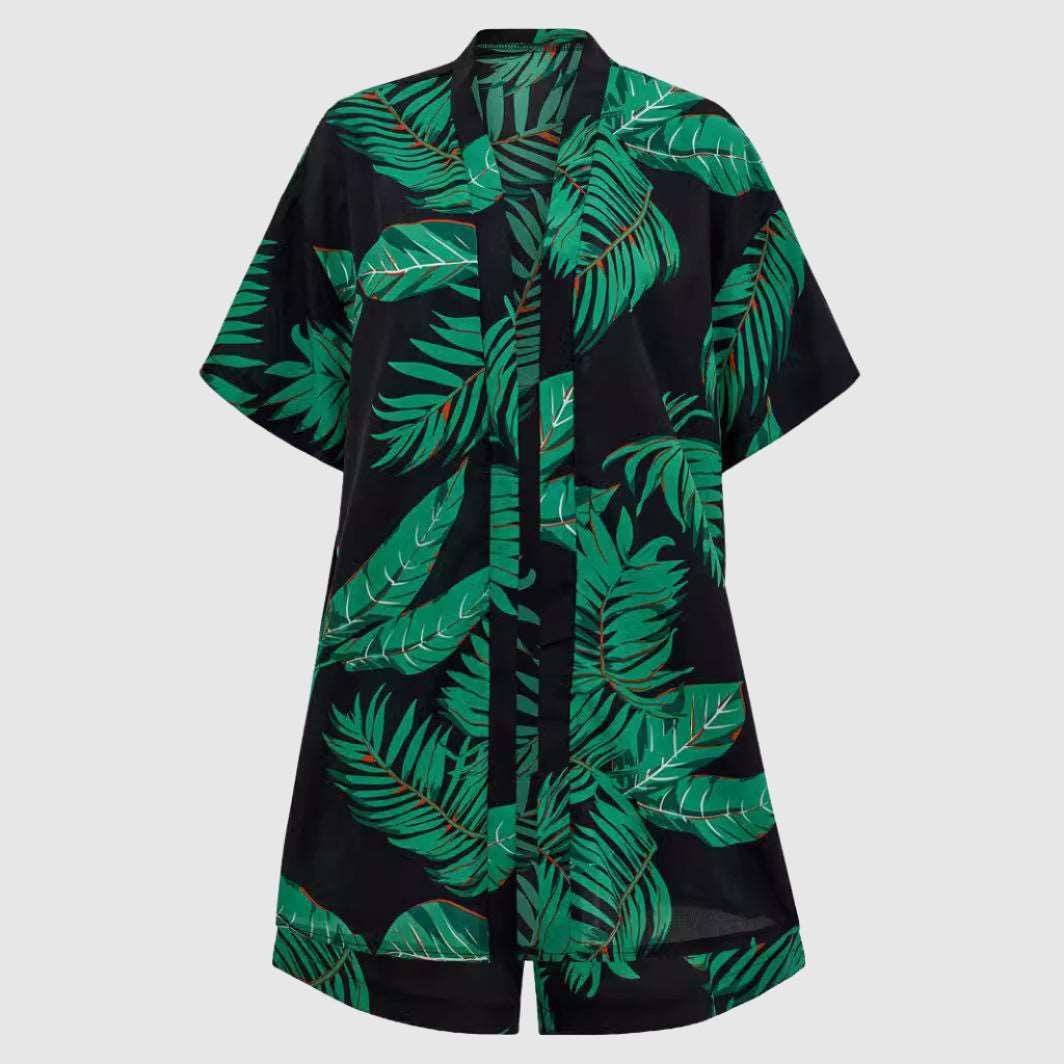 Women's Casual Leaves Print Short Sleeved Shirt And Shorts Outfit Set - ChoreGirl