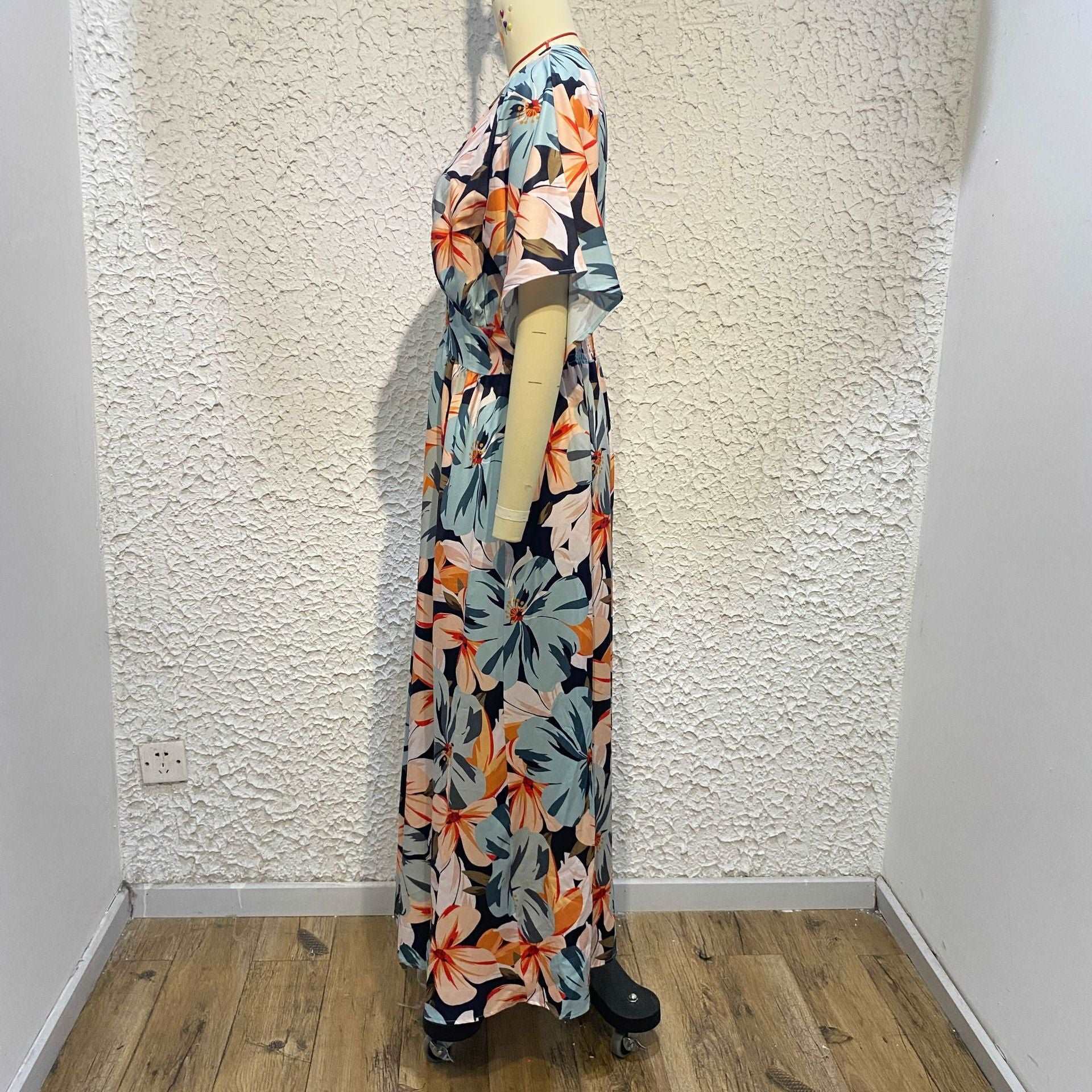 Women's Colorful Print Deep V-neck Split Dress - ChoreGirl