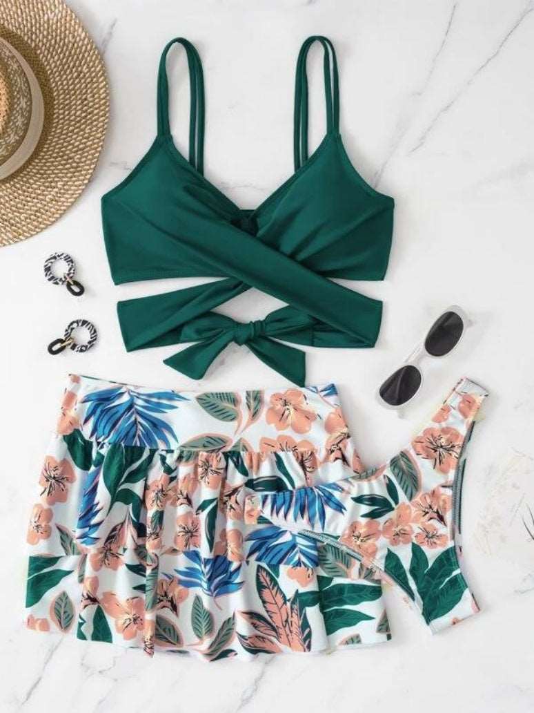 Women's Floral Print High Waist Swimming Pants, Swimming Skirt and Backless Top Three-piece Set - ChoreGirl