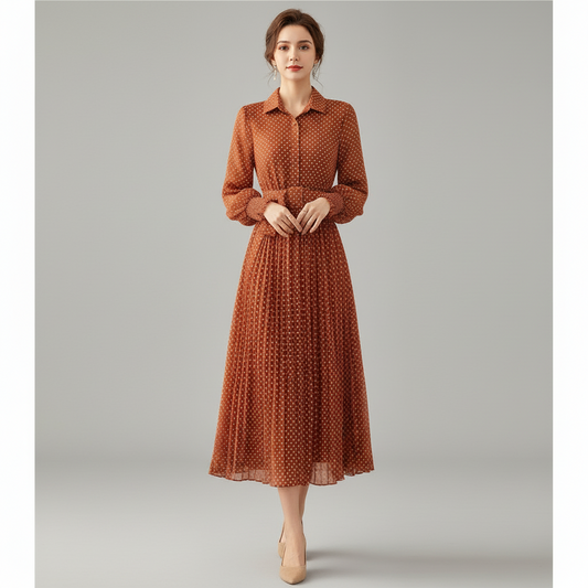 Langärmliges Kleid mit plattiertem Rock im französischen Stil für Damen