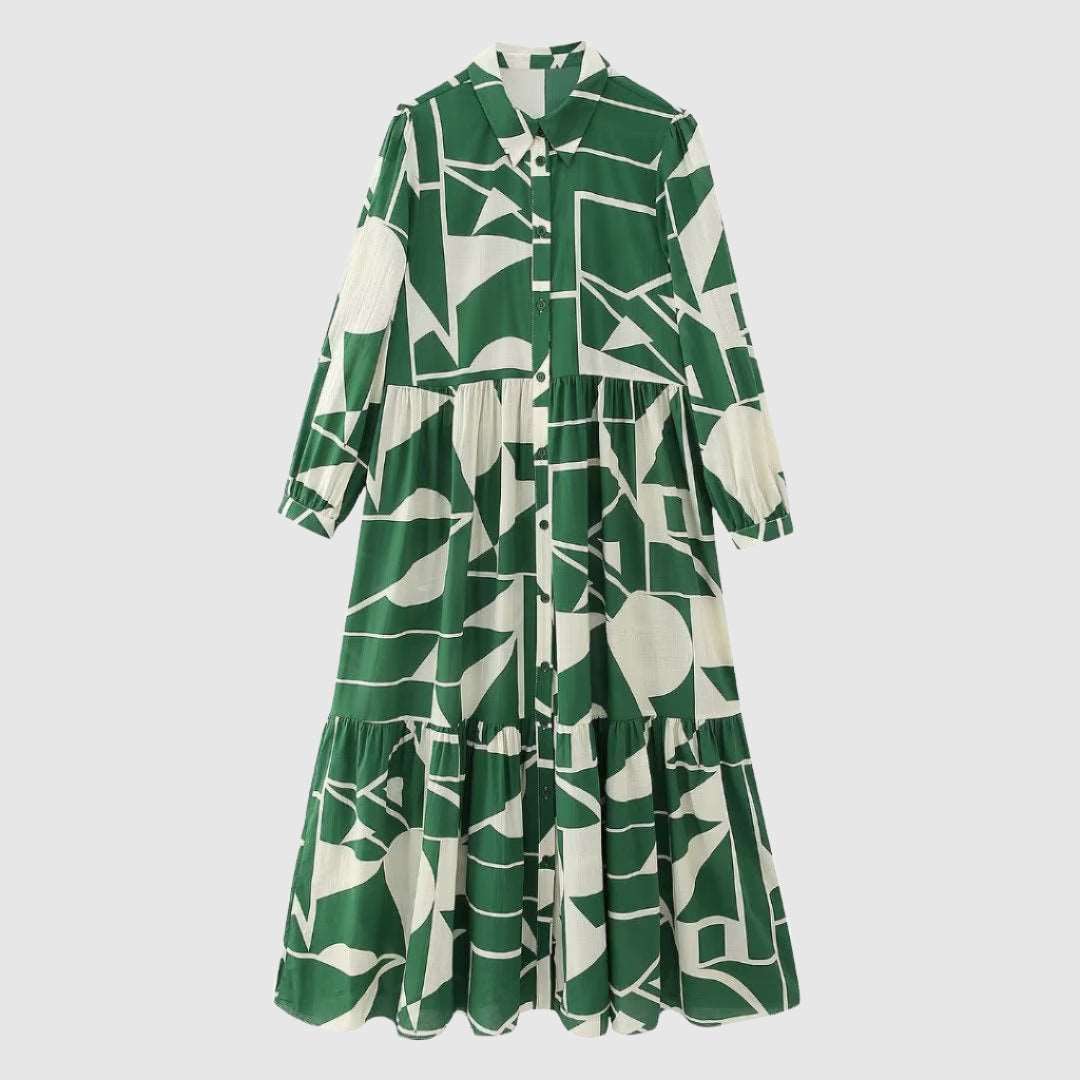 Women's Long Sleeved Green Printed Shirt Dress - ChoreGirl