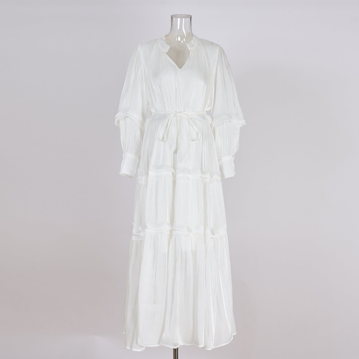Women's V-neck Lantern Sleeve Fitted Waist Pleated Long Silk Dress with Belt - ChoreGirl