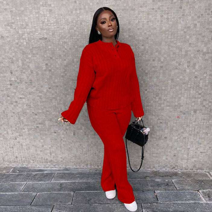 Women's Casual Knitted Long Sleeve Two-piece Outfit Set - ChoreGirl