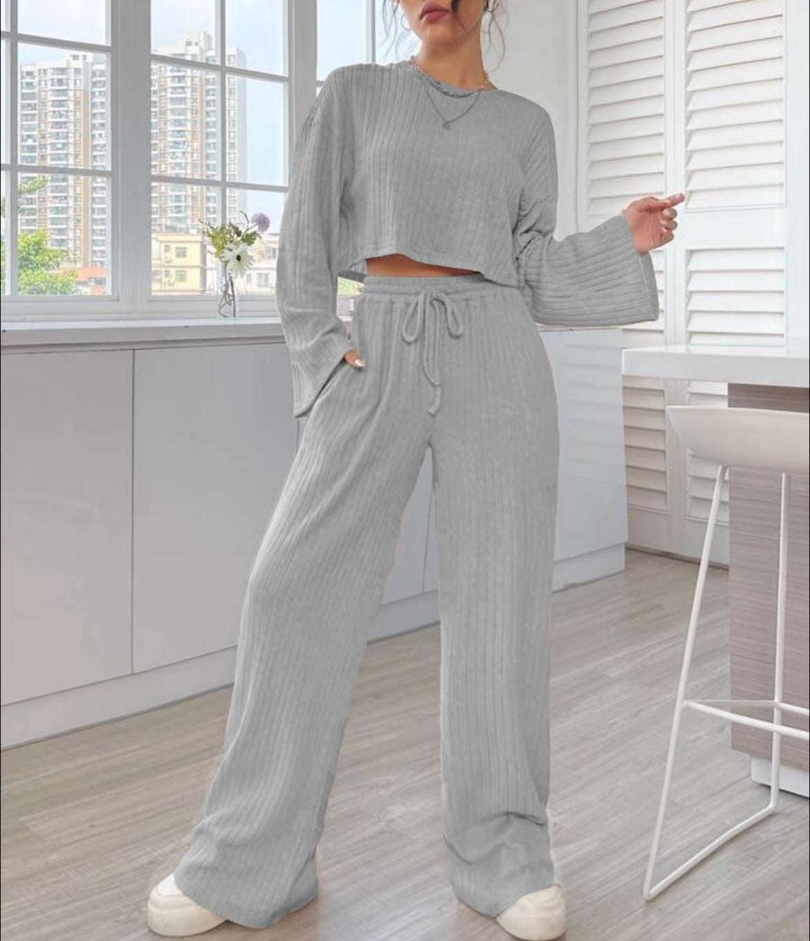 Women's Casual Loungewear Knitted Long Sleeve Top and Pants Outfit Set - ChoreGirl
