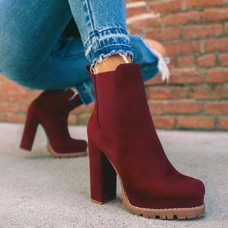Women's Casual Round-toe Thick Square High Heel Suede Ankle Boots - ChoreGirl