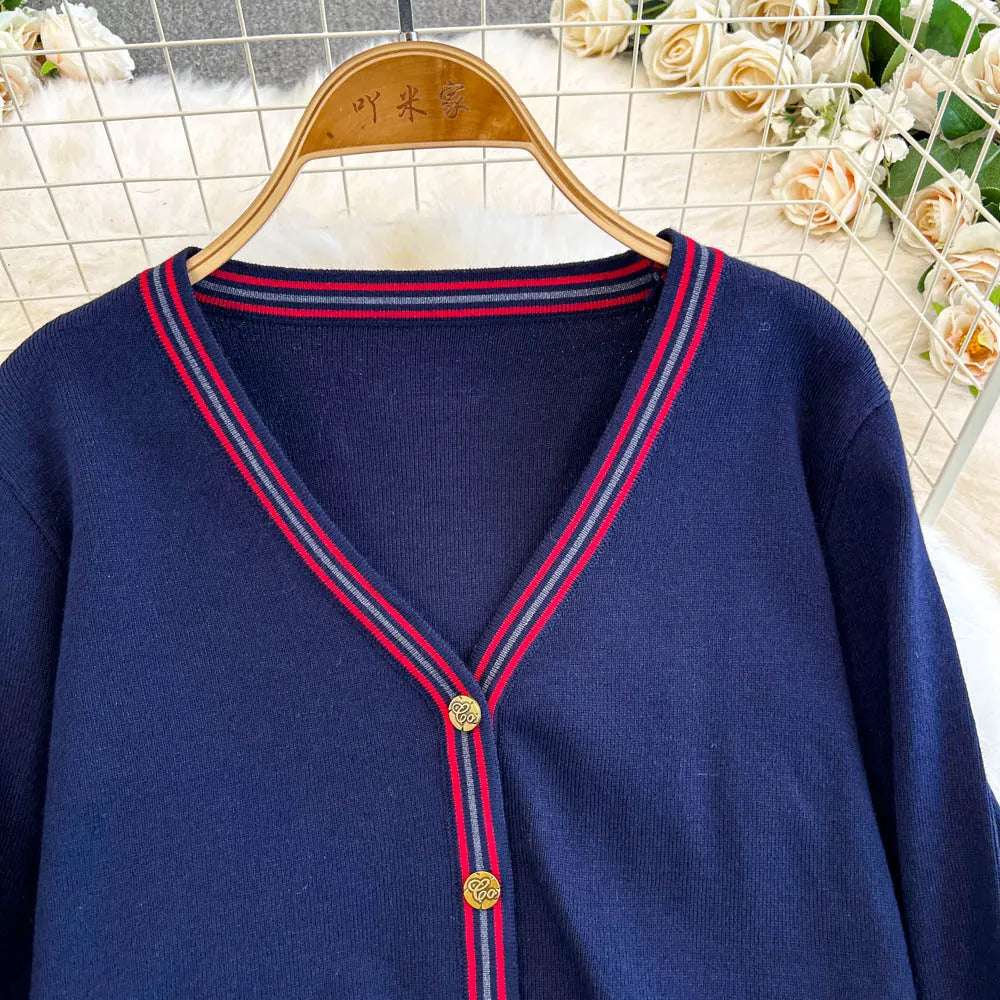 Women's Casual Back to School V-neck Knitted Cardigan and Pleated Skirt Two-piece Outfit Set