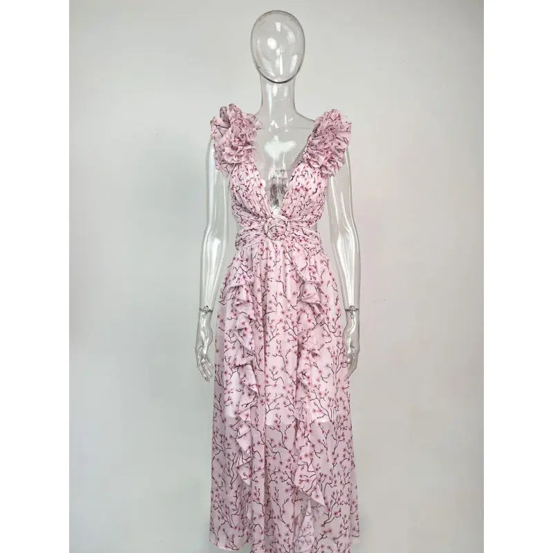 Women's Floral Pattern Ruffled Deep V-Neck Backless Dress - ChoreGirl