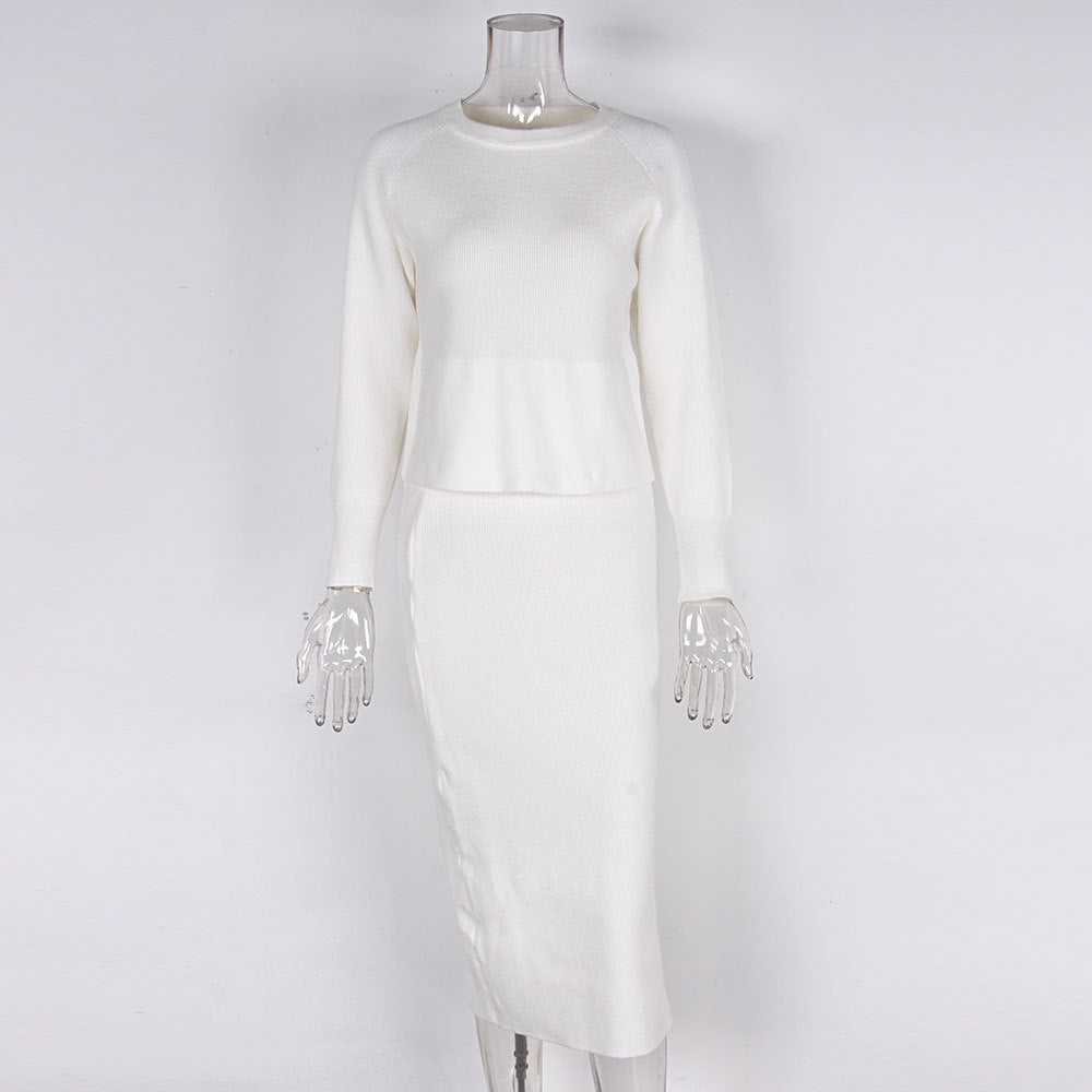 Women's Knitted Long Sleeved Jumper and Long Slit Skirt Outfit Set - ChoreGirl
