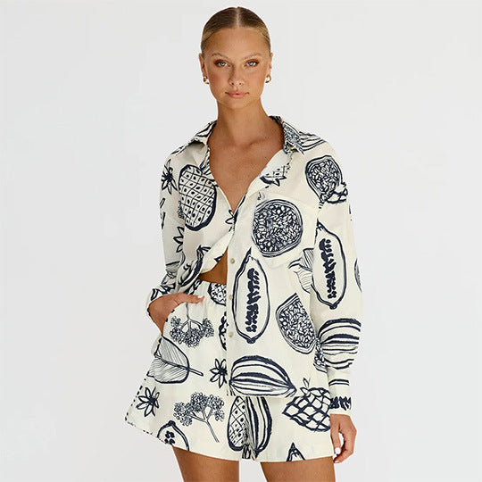 Women's Casual Fruit Printed Short Sleeved Shirt and Shorts Outfit Set - ChoreGirl