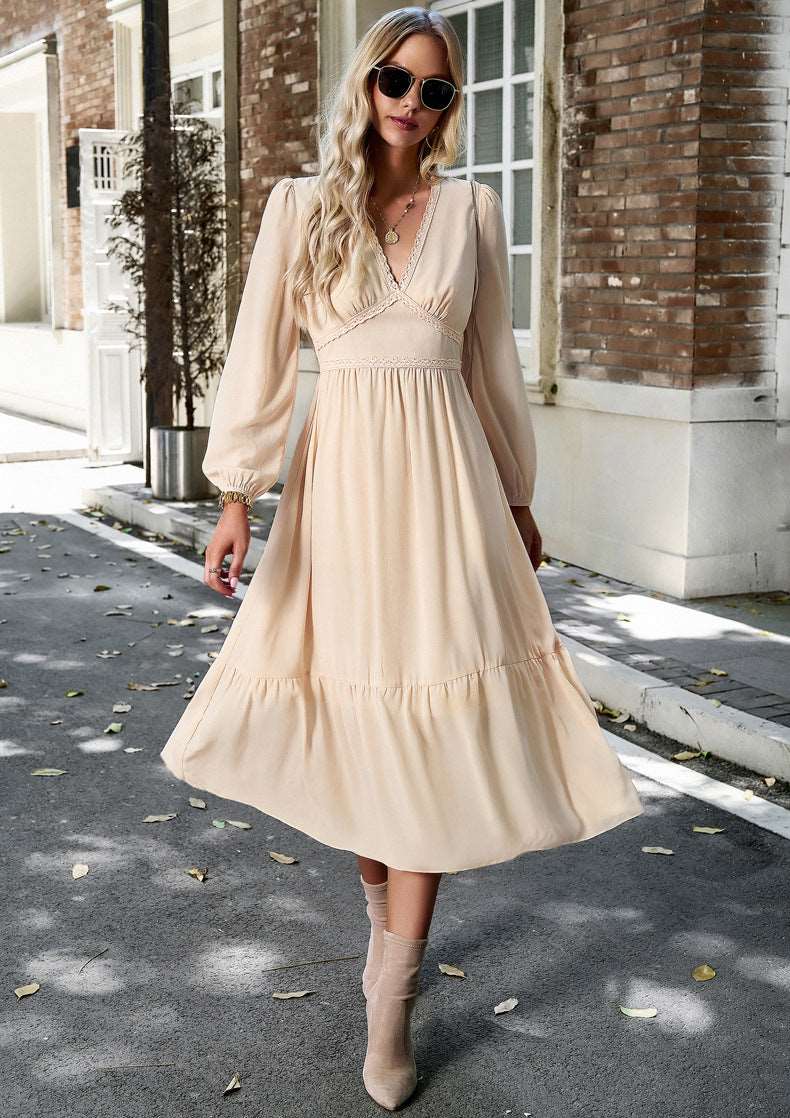 Women's Elegant Long V-neck Dress - ChoreGirl