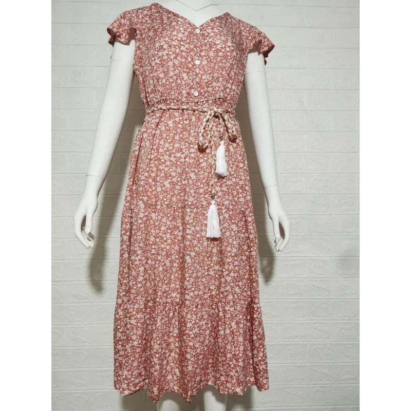 Women's Floral Tied Dress with Rope Style Belt - ChoreGirl