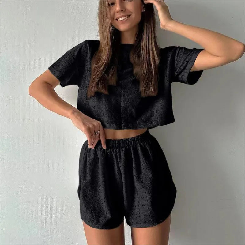 Women's Hollow-out Cropped T-Shirt and Shorts Two-piece Pajamas Set - ChoreGirl