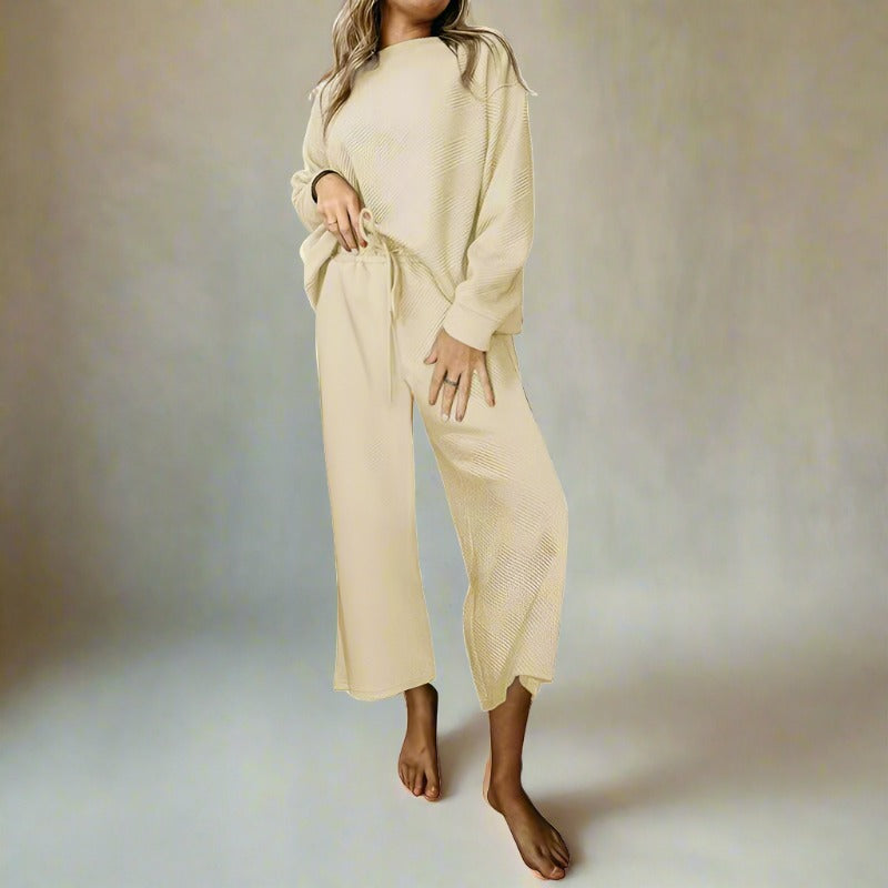 Women's Casual Textured Solid Color Loose Thick Long Sleeved Sweatshirt and Pants Two-piece Outfit Set - ChoreGirl