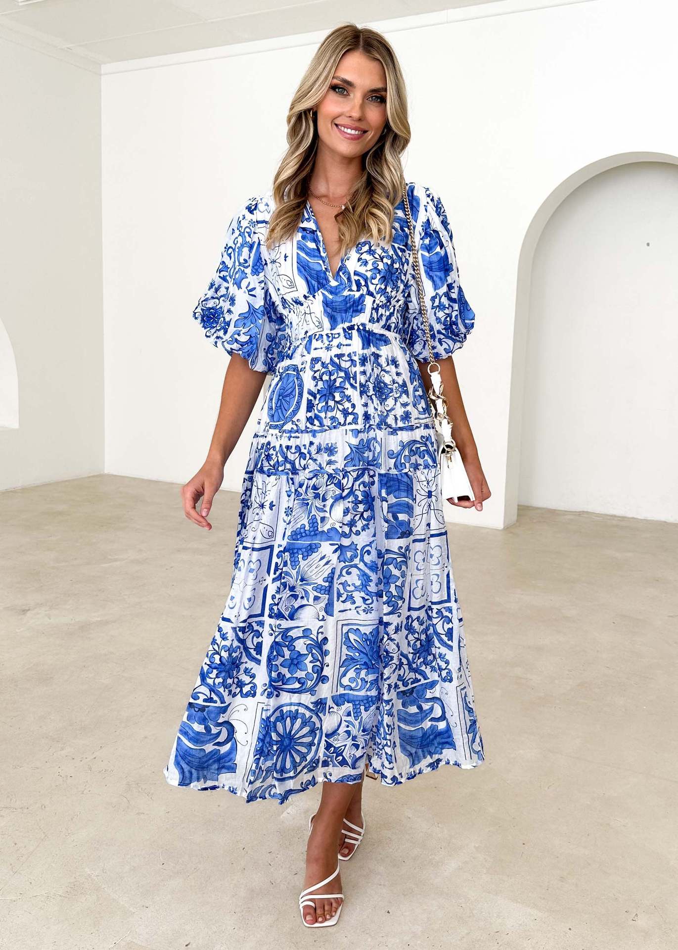 Women's Colorful Printed V-neck Puff Sleeve Dress - ChoreGirl