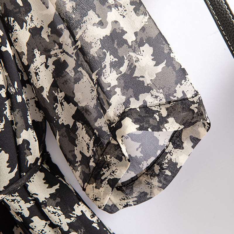 Women's Checkered Chiffon Mid-length Dress with Belt - ChoreGirl