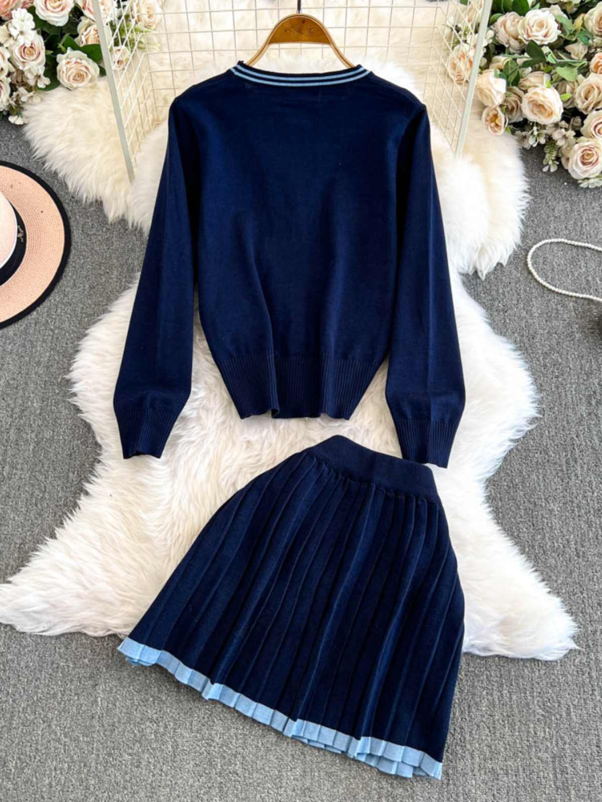 Women's Back to School Contrast Color V-neck Knitted Cardigan and Pleated Skirt Outfit Set - ChoreGirl