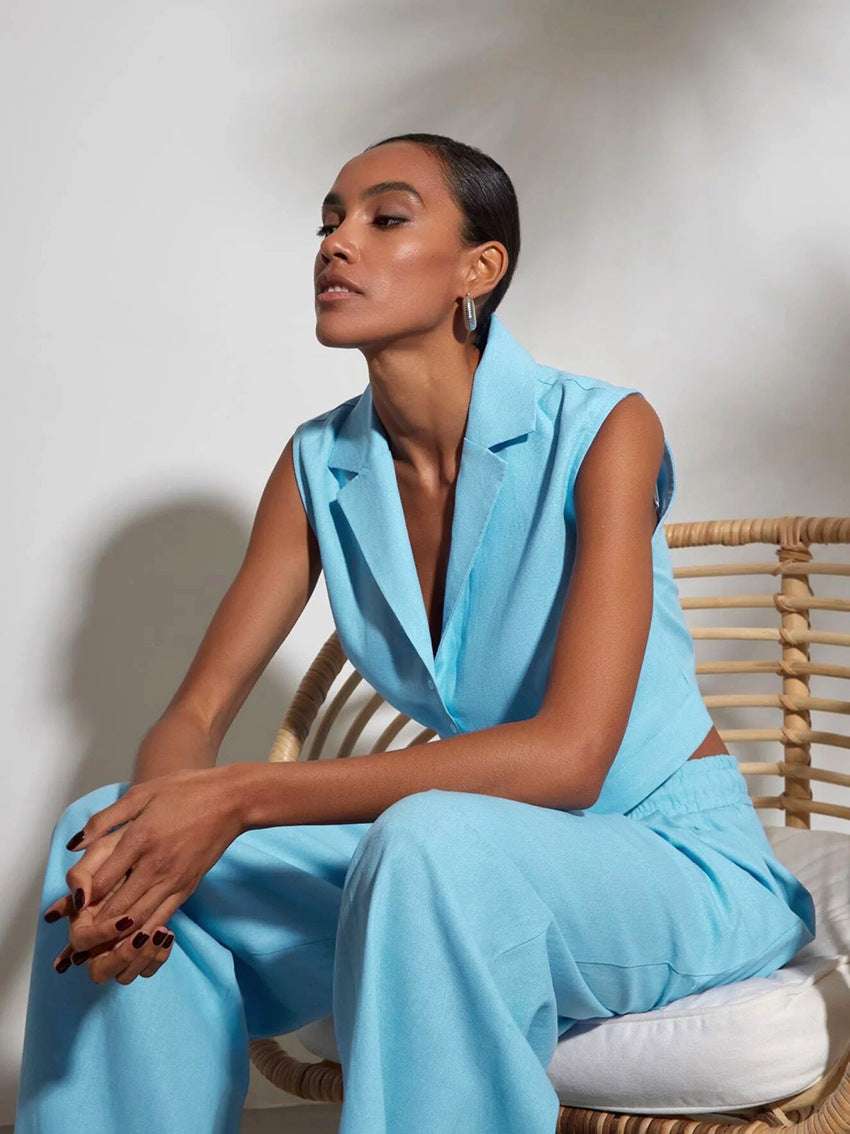 Women's High Waist Wide Leg Pants and Sleeveless Button-Up Vest Outfit Set - ChoreGirl