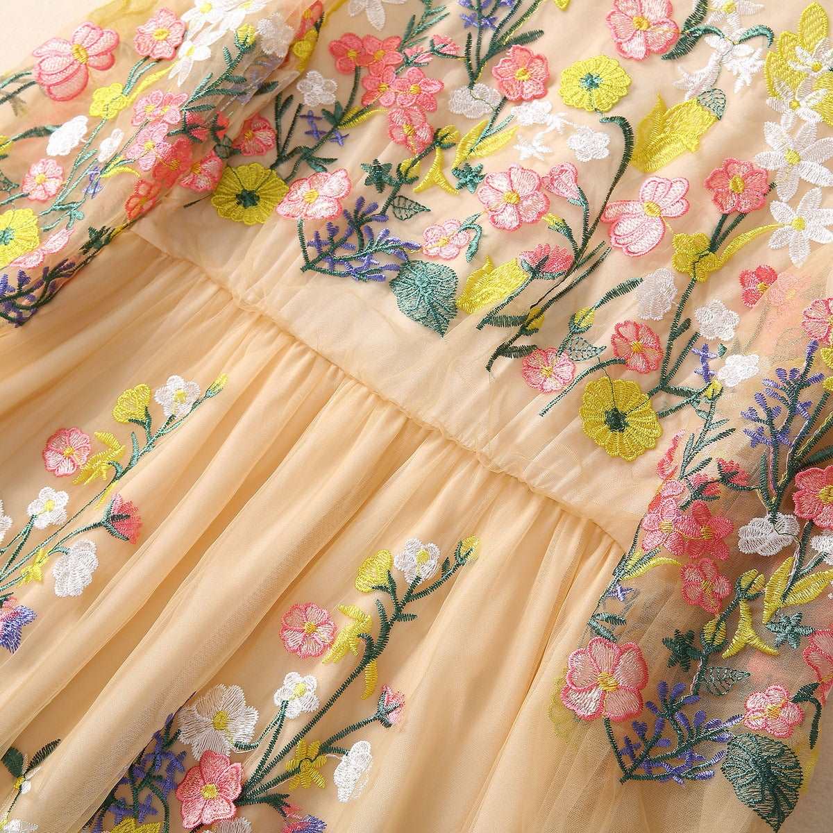 Women's Embroidery Flower Mesh Large Swing Sleeve V-neck Dress - ChoreGirl