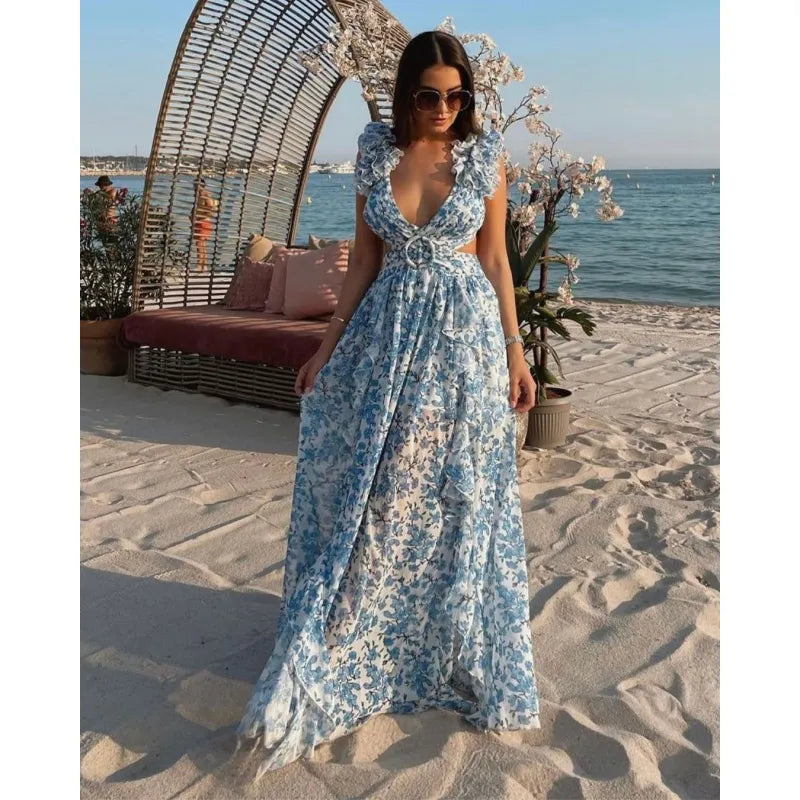 Women's Floral Pattern Ruffled Deep V-Neck Backless Dress - ChoreGirl