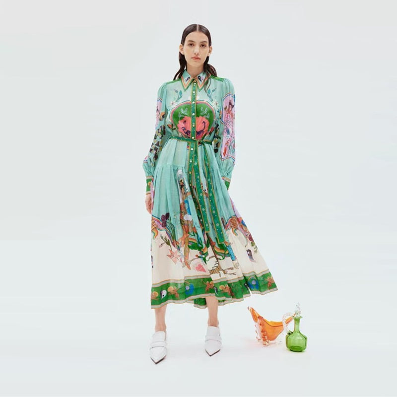 Women's Elegant Shirt Collar Single-breasted Long Dress - ChoreGirl