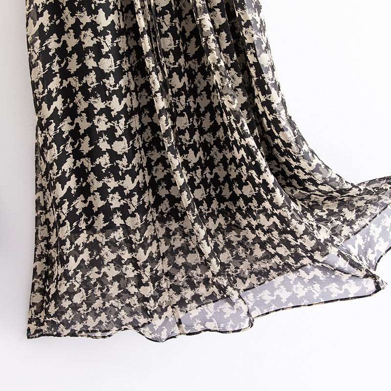 Women's Checkered Chiffon Mid-length Dress with Belt - ChoreGirl