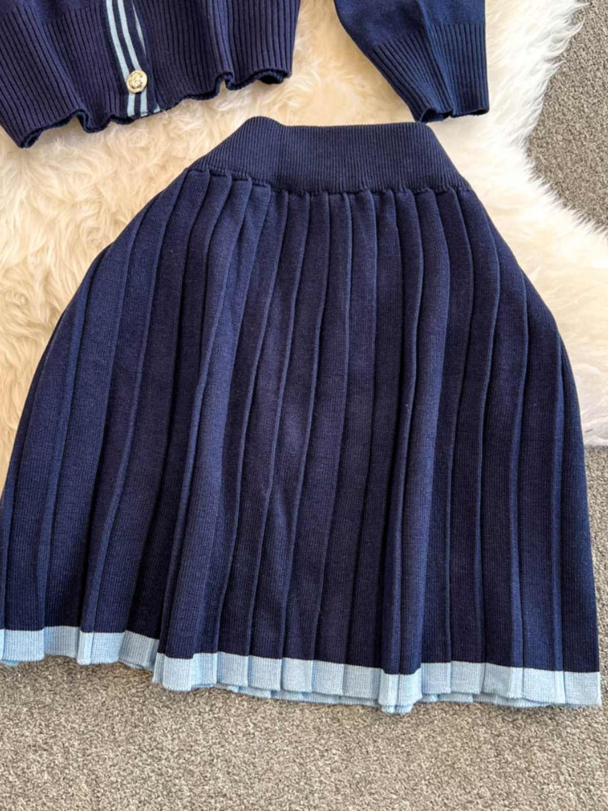 Women's Back to School Contrast Color V-neck Knitted Cardigan and Pleated Skirt Outfit Set - ChoreGirl