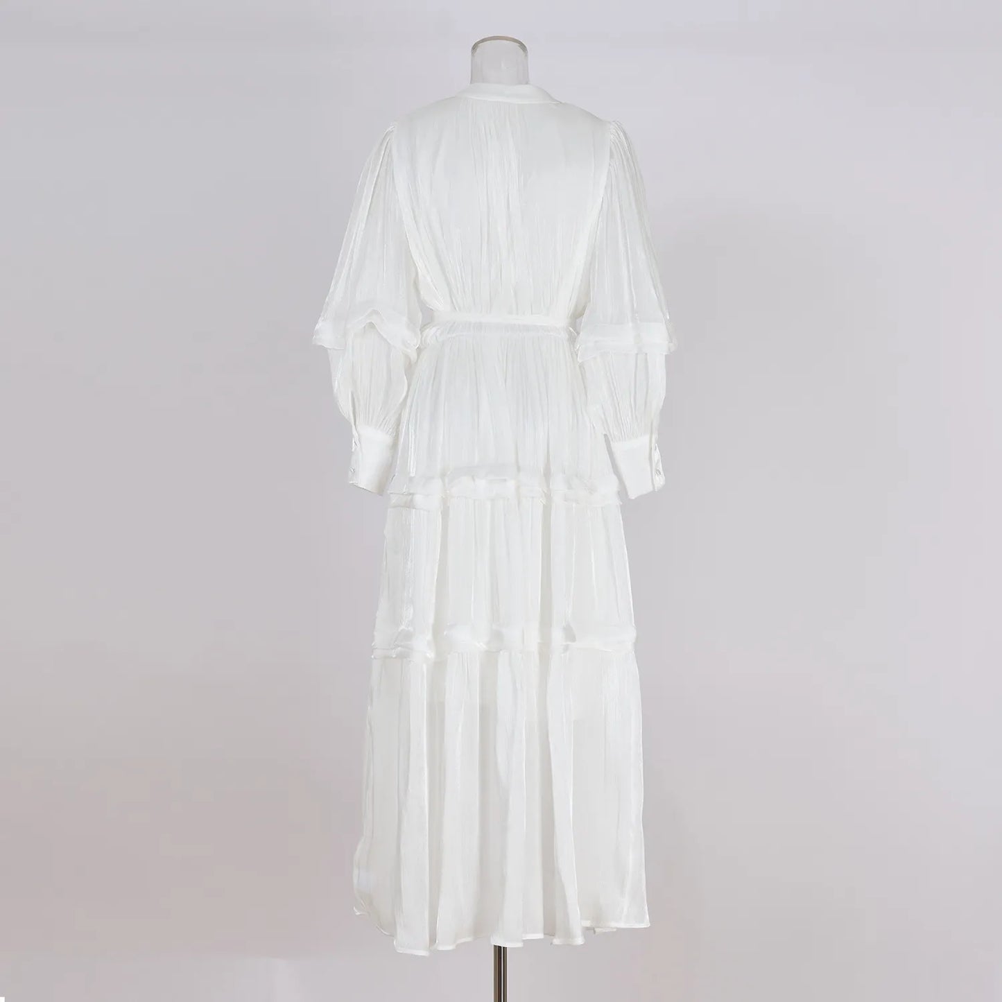 Women's V-neck Lantern Sleeve Fitted Waist Pleated Long Silk Dress with Belt - ChoreGirl