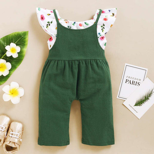 Baby Girl Floral Sleeveless Top and Solid Color Suspender Pants Two-piece Outfit Set - ChoreGirl
