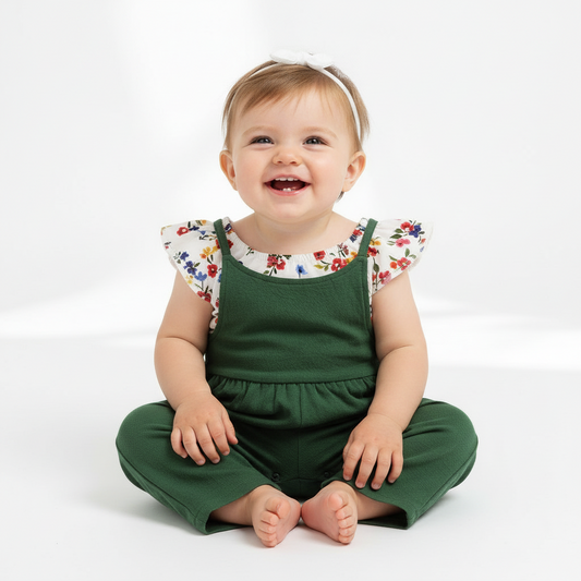Baby Girl Floral Sleeveless Top and Solid Color Suspender Pants Two-piece Outfit Set