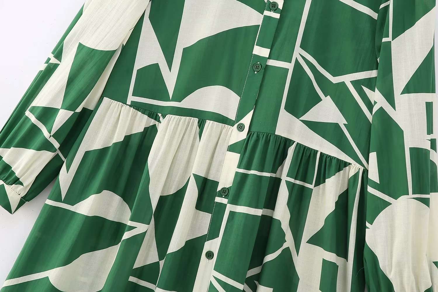 Women's Long Sleeved Green Printed Shirt Dress - ChoreGirl