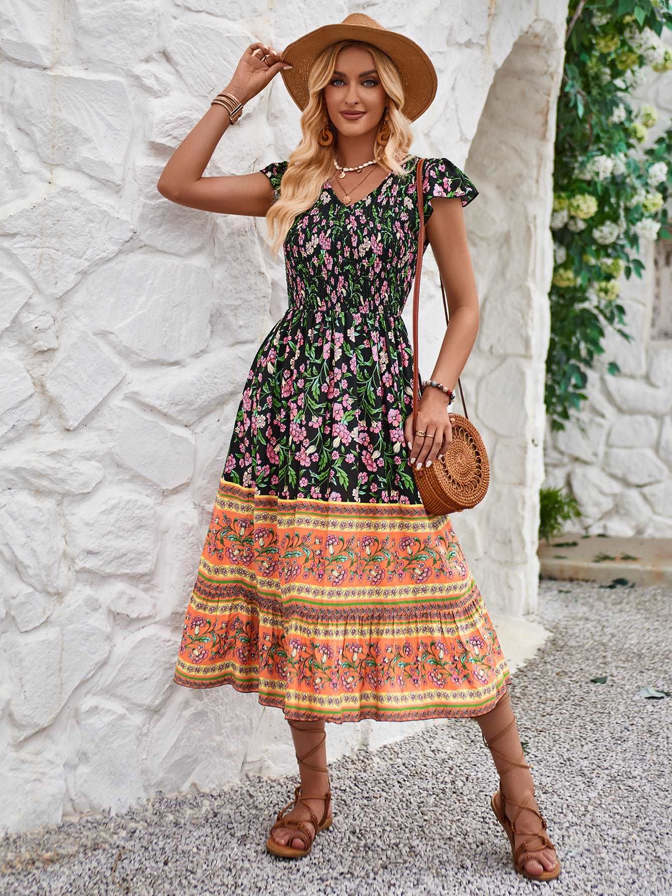 Women's Casual Bohemian Flower Print V-neck Ruffle Sleeveless Dress - ChoreGirl