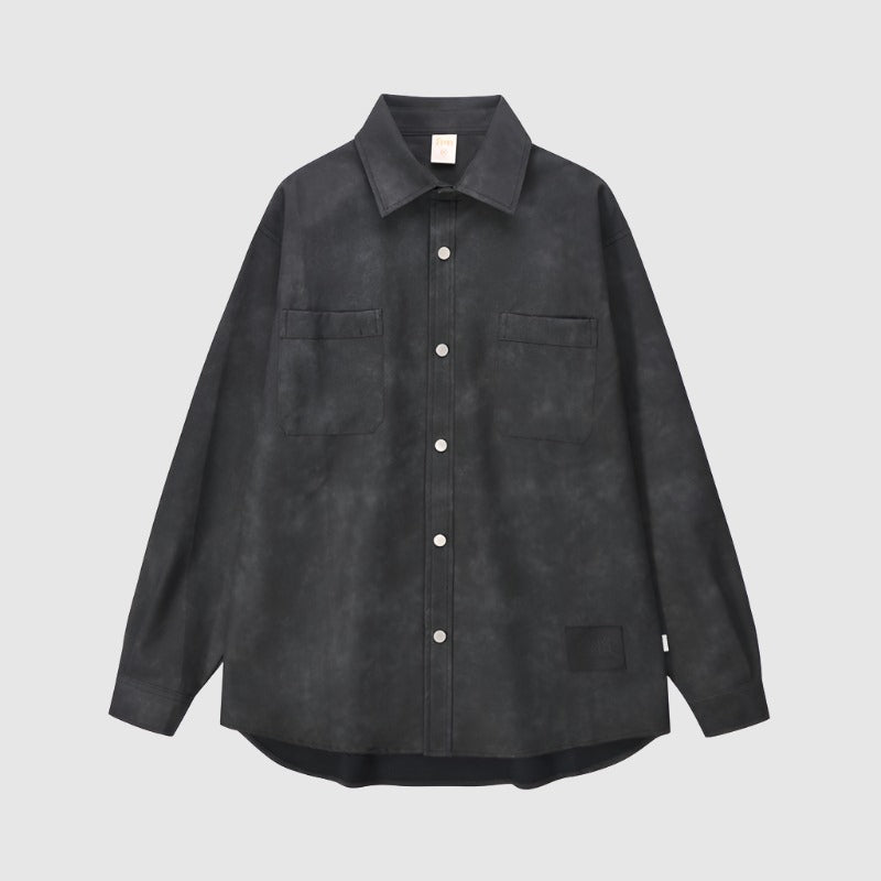 Men's Retro Street Style Washed-out PU Leather Long Sleeved Button-up Shirt - ChoreGirl