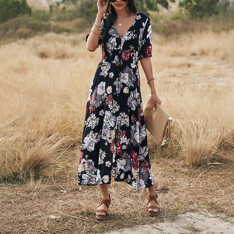 Women's Elastic Waist Floral Dress - ChoreGirl