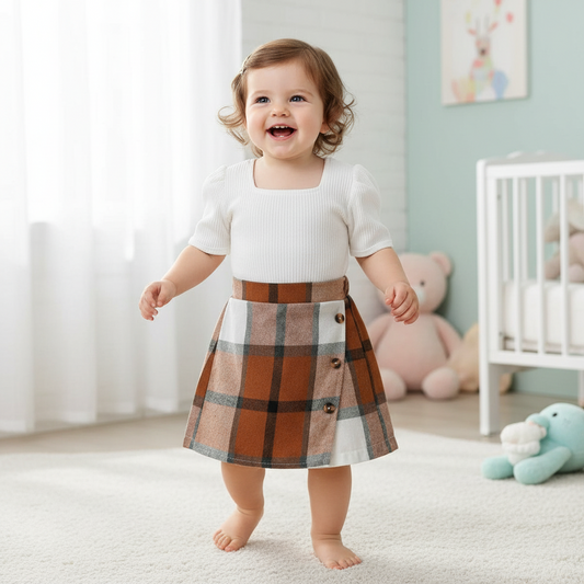 Baby Girl Short Sleeved Top and Irregular Plaid Shorts Outfit Set