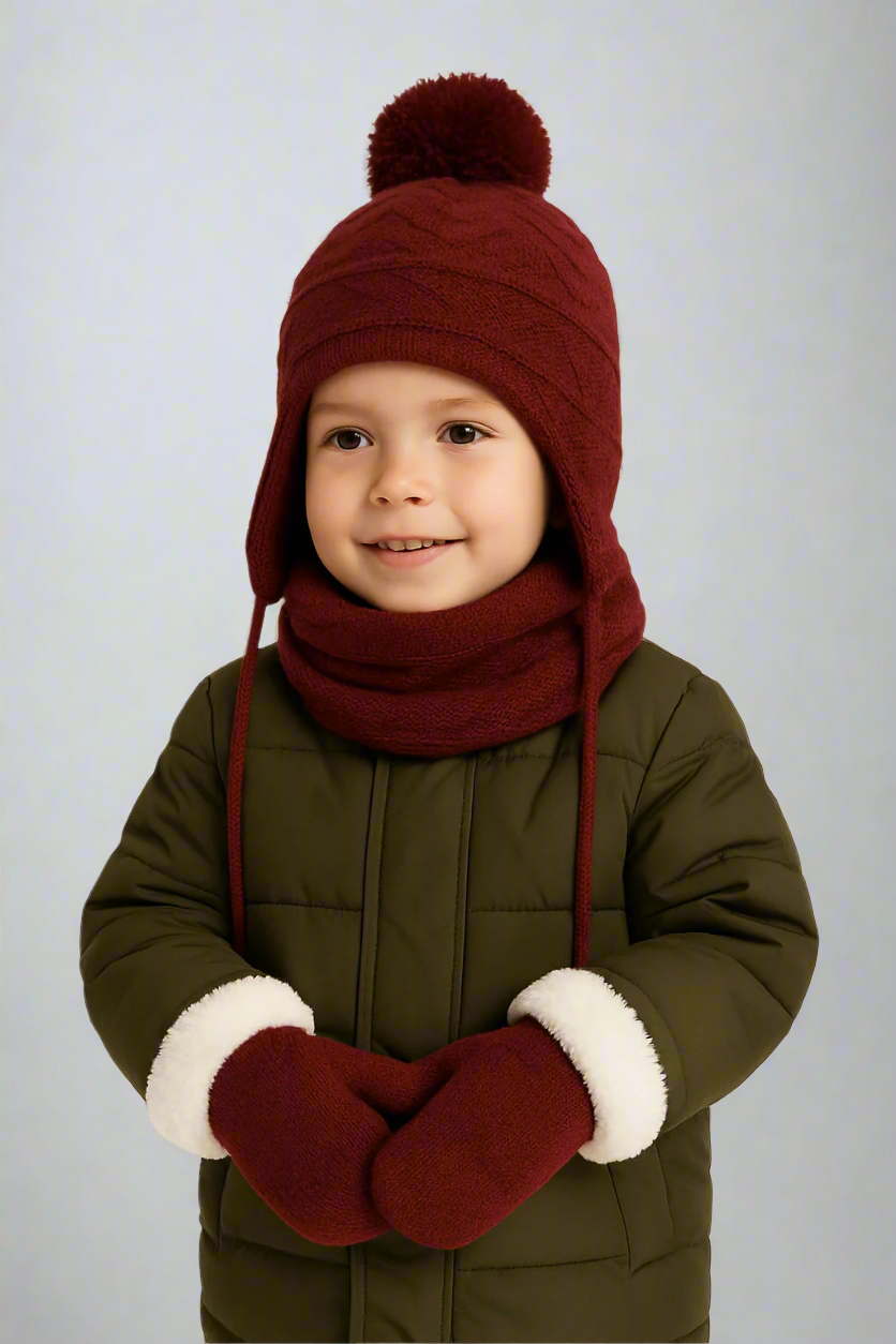 Child wearing a red knit hat with a pom-pom, scarf, and mittens on a beige background