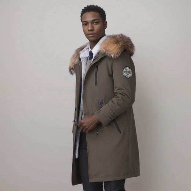 Green winter coat with fur-lined hood on a white background