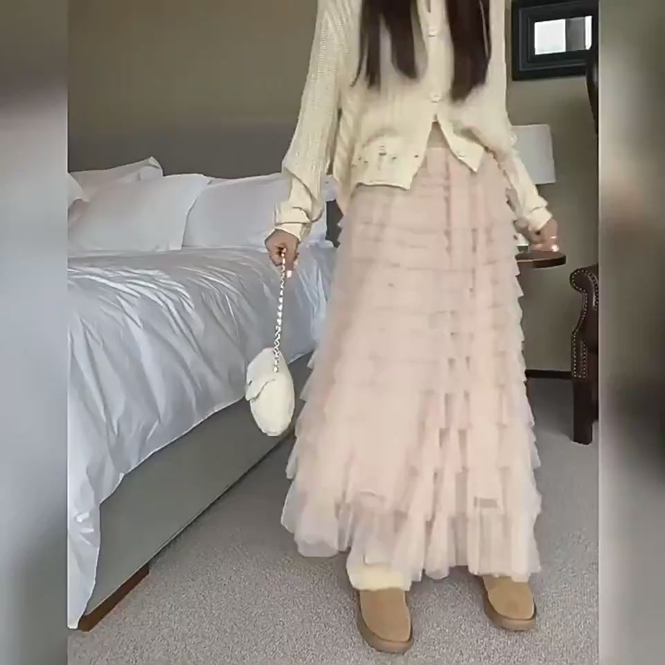 Women's Long Mesh Layered Ruffles A-Line Swing Skirt