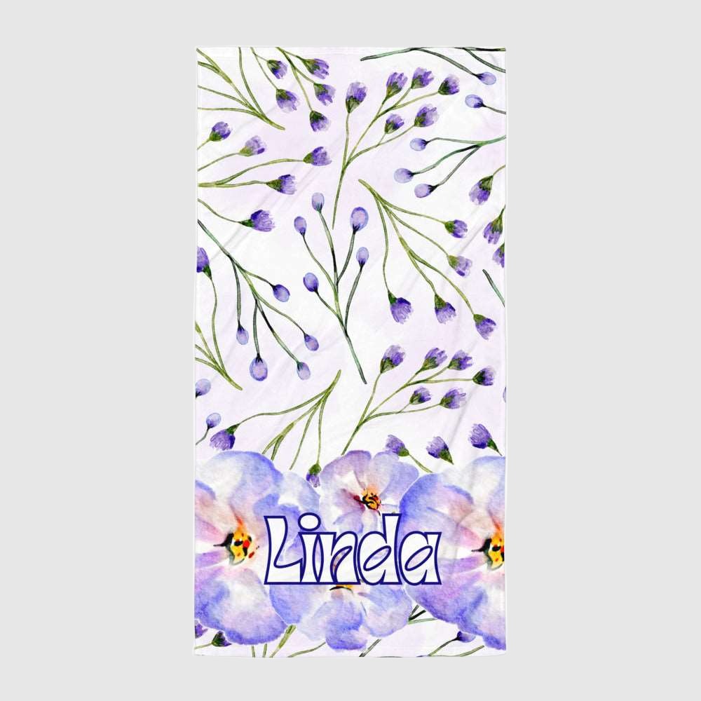 Custom Violet Flower Print Personalized Name Beach Towel | PERSONALIZED - ChoreGirl