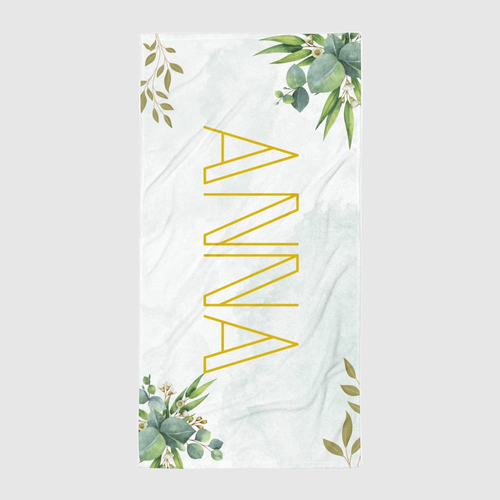 Custom Name Beach Towel with Green Leaves Design | PERSONALIZED - ChoreGirl