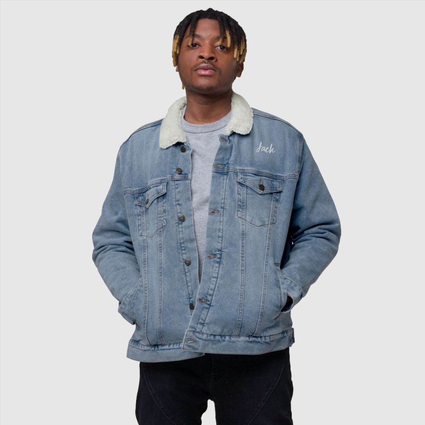 Unisex Custom Name and Icon Denim Sherpa Jacket | PERSONALIZED - ChoreGirl