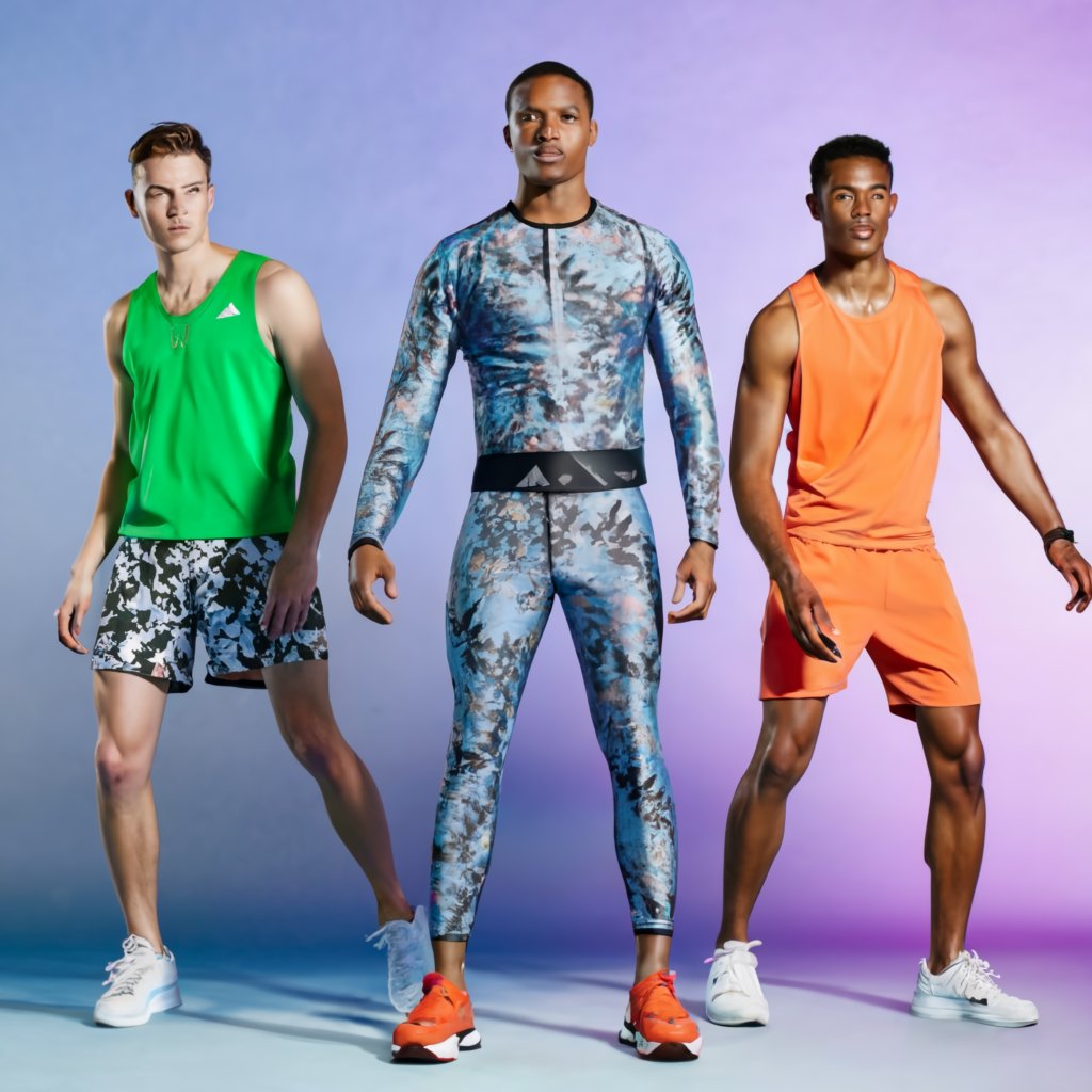 3 men in activewear posing to show CHORÉGIRL activewear collection