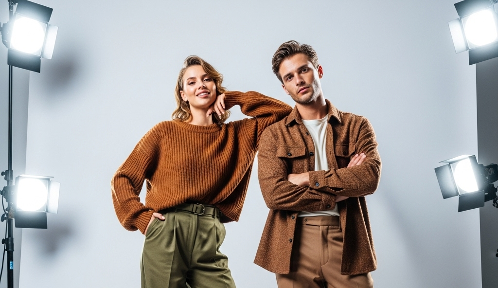 A woman and a man posing for a studio picture dressed in brown and earthly toned clothing.